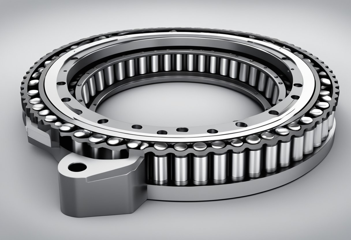 A large ball slewing bearing rotates smoothly on a sturdy steel frame, with precision-engineered ball bearings visible between the inner and outer rings