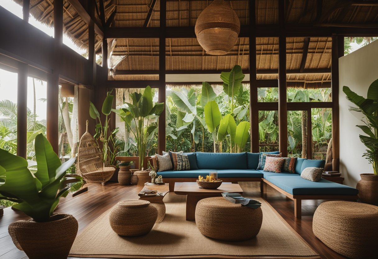A cozy Bali house interior with wooden furniture, vibrant textiles, and tropical plants creating a warm and inviting atmosphere