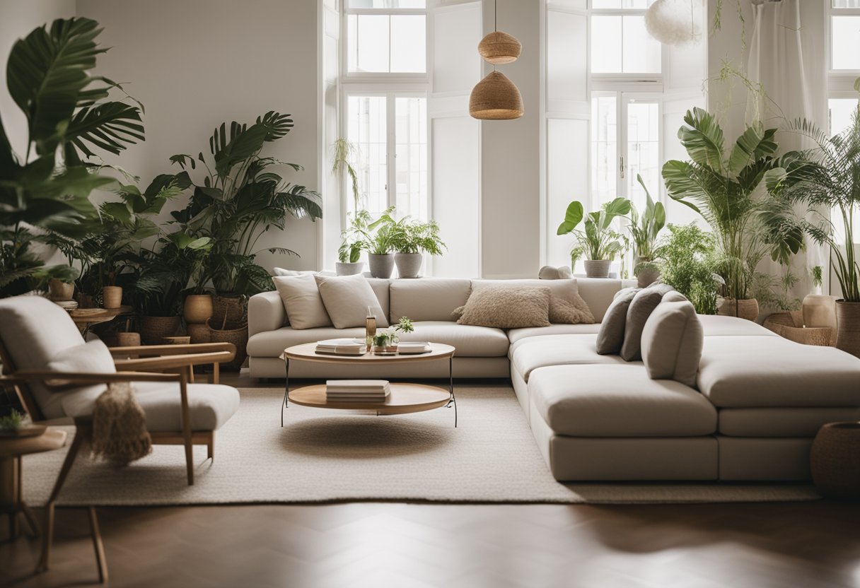 A serene space with minimal furniture, natural materials, and soft lighting. A neutral color palette, plants, and tranquil artwork complete the Zen-inspired interior design
