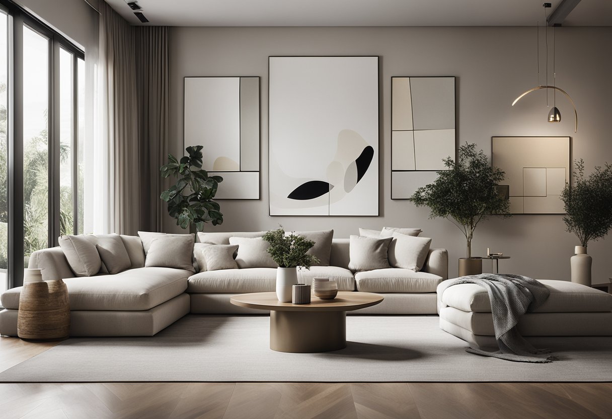 A modern living room with clean lines, neutral colors, and minimalistic furniture. Abstract art pieces adorn the walls, while geometric patterns and natural textures add visual interest