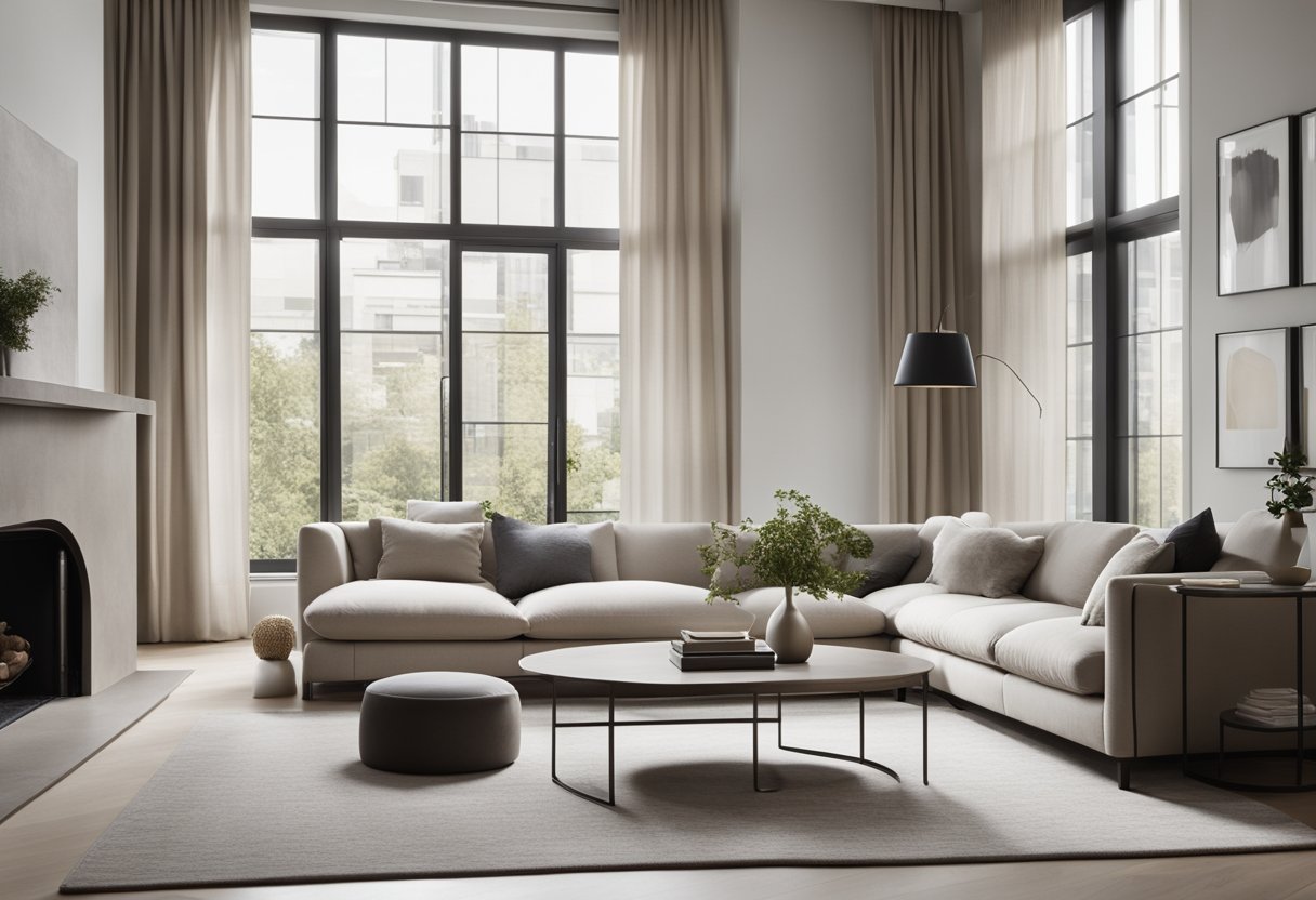 A spacious, minimalist living room with clean lines, neutral colors, and sleek furniture. Large windows allow natural light to fill the space, while abstract art and modern decor add a touch of sophistication