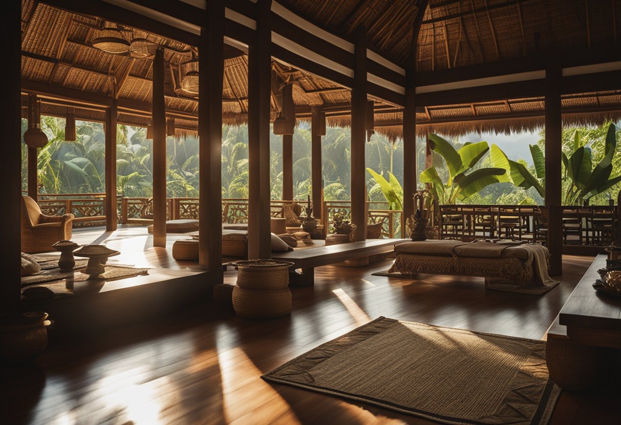 A spacious Bali house interior with natural materials, open floor plan, and traditional Balinese decor. Sunlight streams in through large windows, highlighting the intricate wood carvings and vibrant textiles