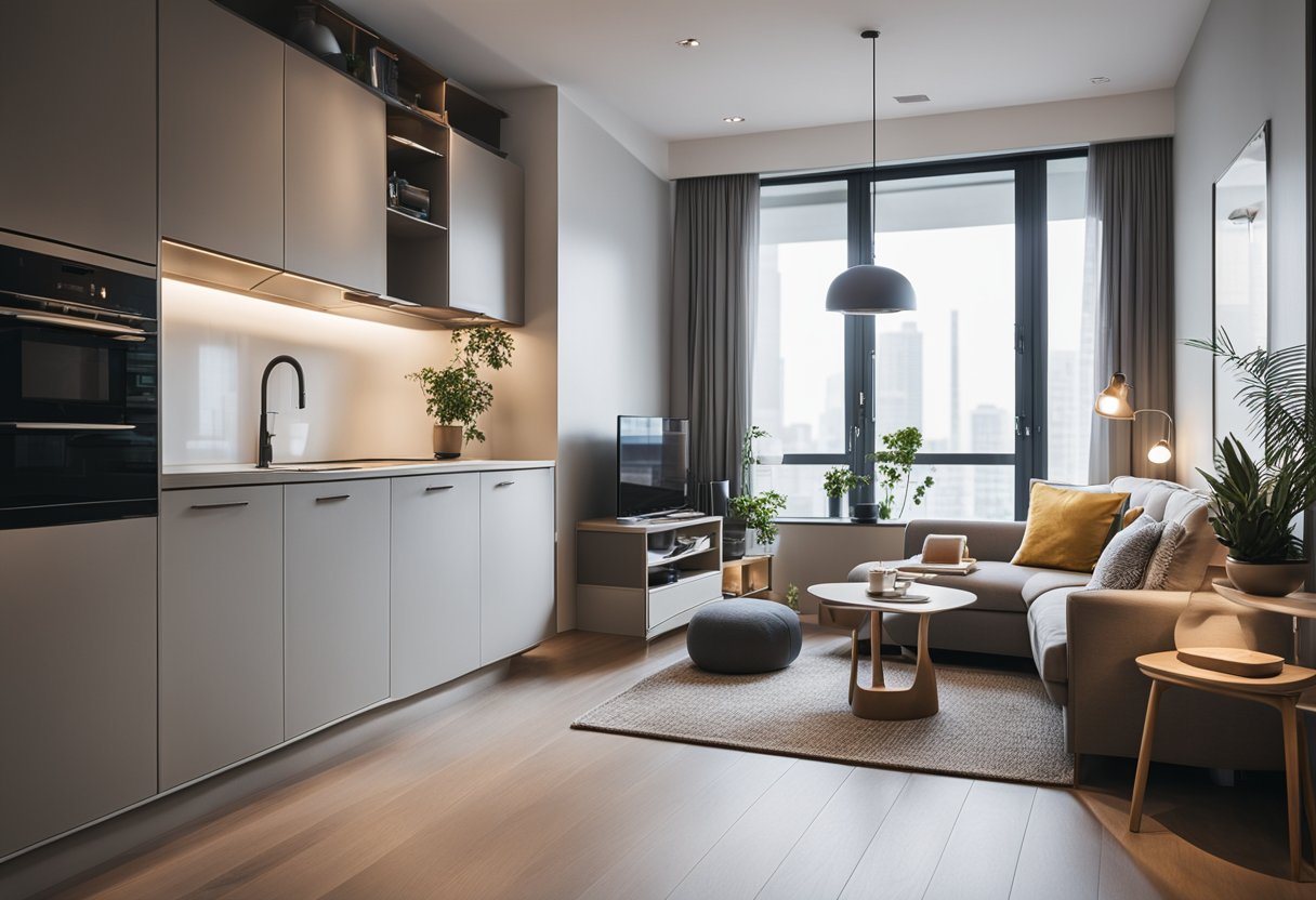 A cozy studio apartment with a sleek, modern design. The space features a compact kitchen, a comfortable living area, and a stylish sleeping nook