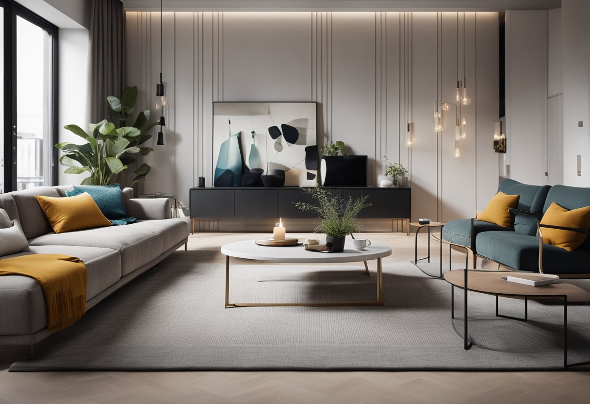A cozy living room with modern furniture, soft lighting, and a pop of color. Clean lines and minimalistic decor give a sense of spaciousness