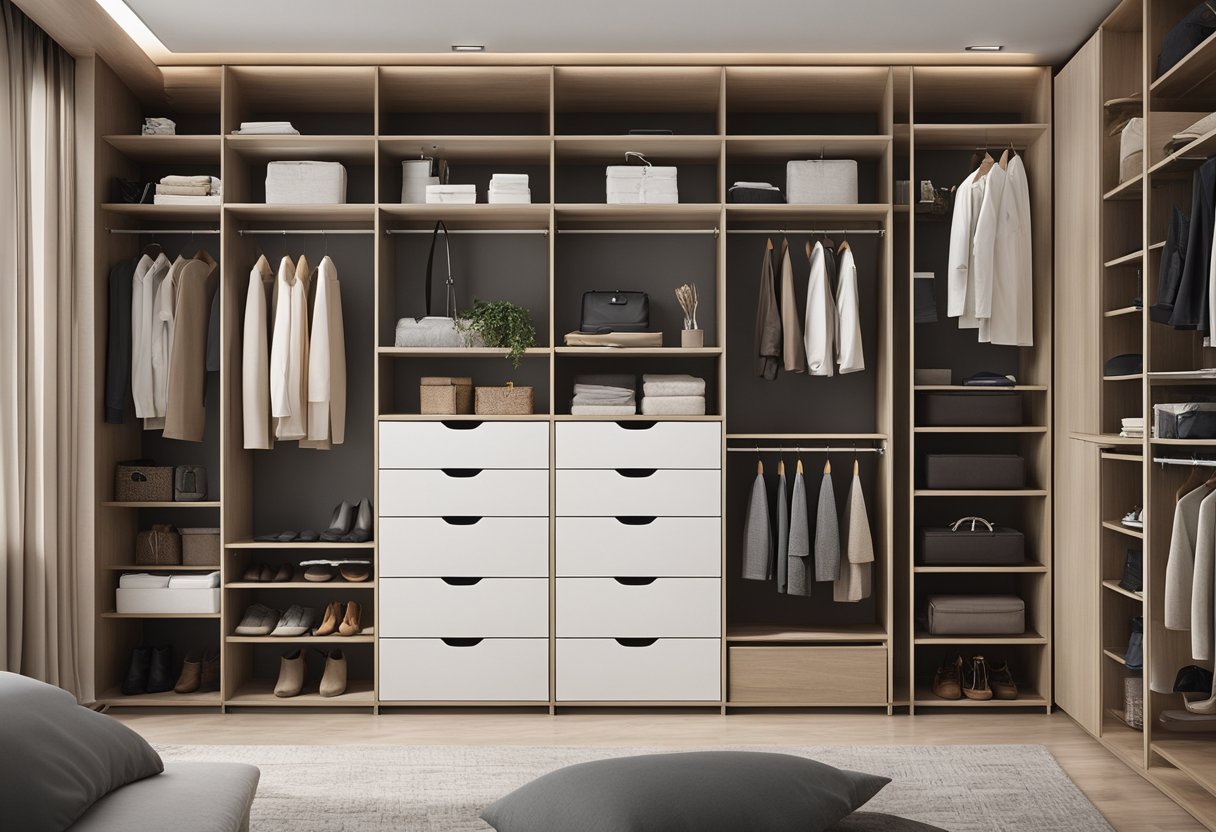 A neatly organized bedroom wardrobe with open shelves, hanging rods, and drawers. The design is modern and functional, with ample storage space