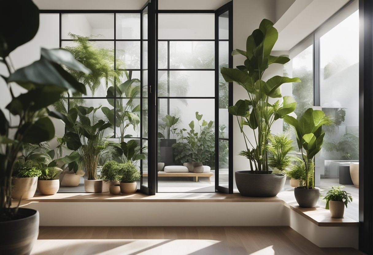 A serene, minimalist living space with clean lines, natural materials, and soft, neutral colors. A large window allows natural light to fill the room, while potted plants and a tranquil water feature add to the peaceful ambiance
