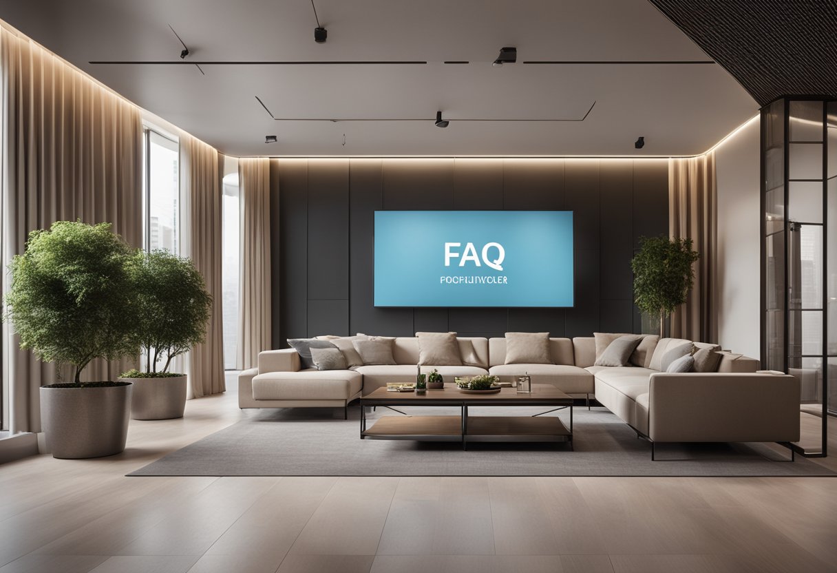 An elegant, modern interior with a FAQ display wall and stylish furniture. Bright, natural lighting and a minimalist color palette create a welcoming atmosphere