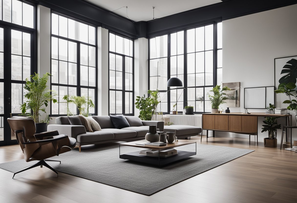 A spacious studio with modern furniture, clean lines, and minimalistic decor. Large windows flood the space with natural light, highlighting the functional elements and sleek aesthetics of the interior design