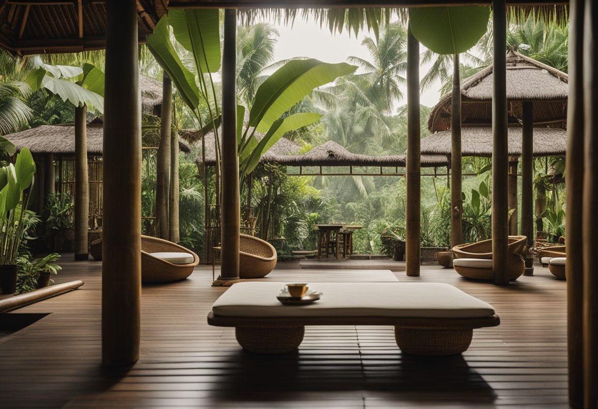 A serene Bali house interior with open spaces, natural light, and traditional Balinese decor. Bamboo furniture, lush greenery, and a seamless connection to the outdoors