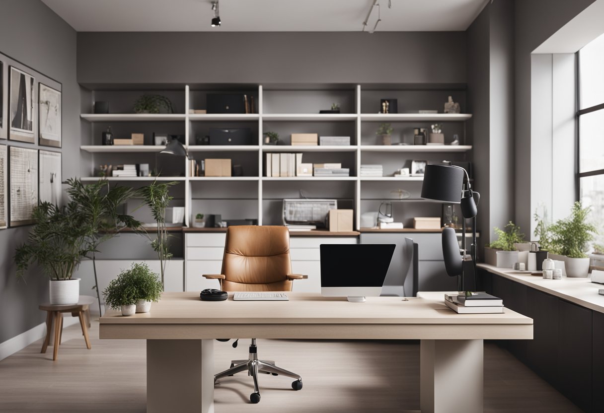 The studio interior is modern with clean lines and neutral tones. A sleek desk with a computer, shelves with neatly organized supplies, and a cozy seating area complete the space