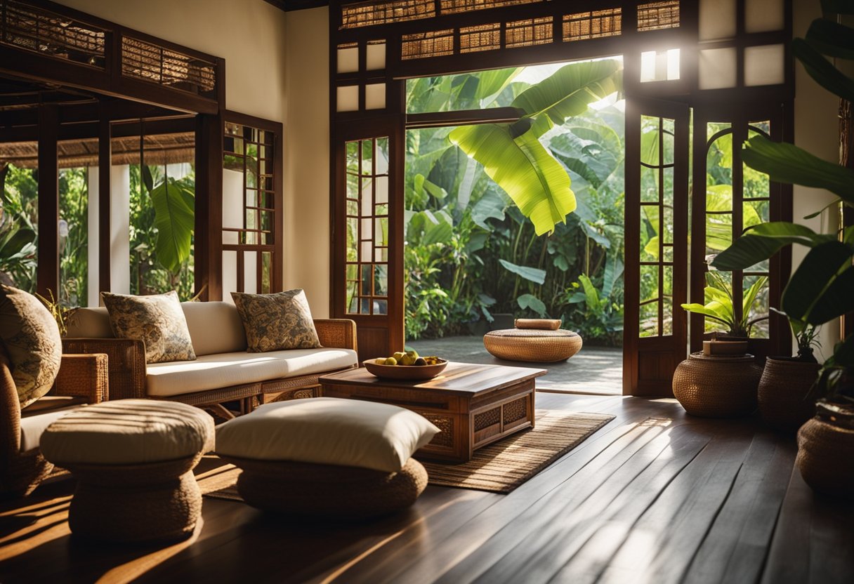 A cozy Balinese house interior with traditional wooden furniture, vibrant textiles, and lush tropical plants. Sunlight filters through open windows, casting warm patterns on the floor