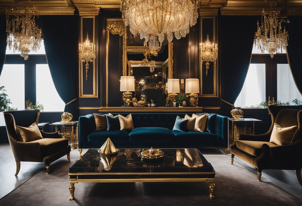 A grand, opulent living room with plush velvet sofas, intricate chandeliers, and ornate gold accents. Rich, deep colors and luxurious textures create an elegant and sophisticated atmosphere