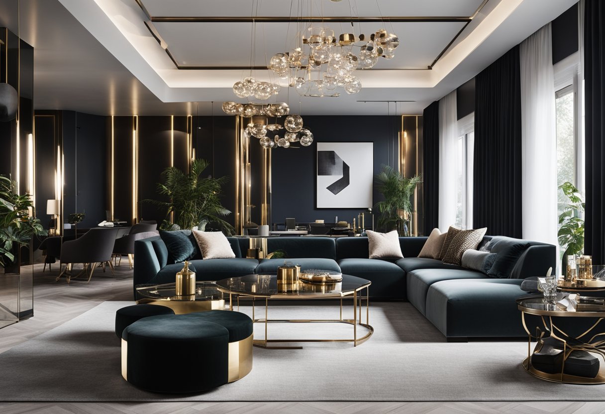 A sleek, open-plan living space with luxurious velvet furniture, metallic accents, and statement lighting. Reflective surfaces and bold geometric patterns add to the modern glam aesthetic