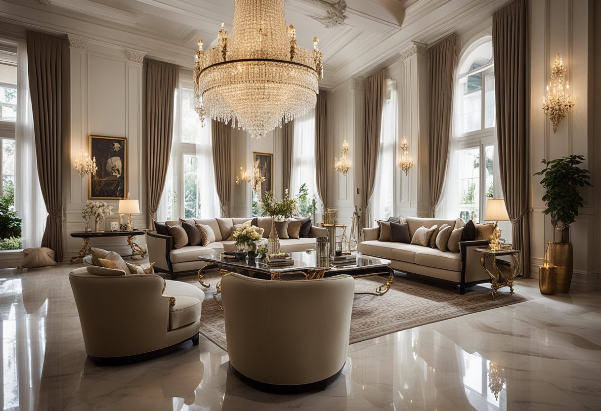 A spacious, opulent living room with high ceilings, marble floors, and luxurious furnishings. A grand chandelier hangs from the ceiling, casting a warm glow over the room. Rich fabrics and intricate details adorn the space, creating an atmosphere of elegance and