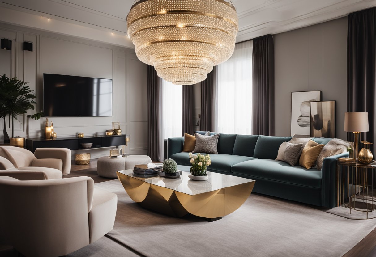 A sleek, minimalist living room with plush velvet furniture, metallic accents, and geometric patterns. A statement chandelier hangs from the high ceiling, casting a warm glow over the space