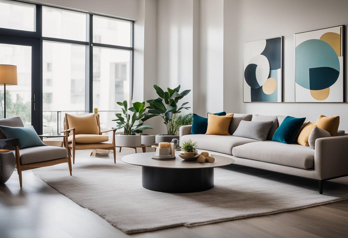 A modern, minimalist living room with sleek furniture and a neutral color palette, accented with pops of vibrant colors and unique textures