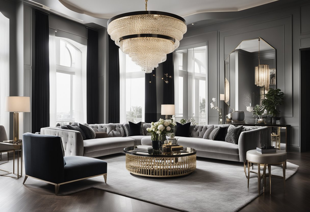 A sleek, monochromatic living room with plush velvet furniture, metallic accents, and a statement chandelier. Mirrored surfaces and geometric patterns add a touch of glam