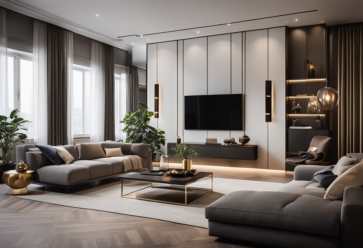 A luxurious, modern living room with sleek furniture, elegant decor, and a soft, warm lighting