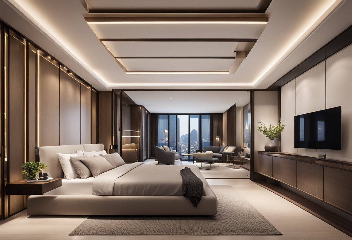 A bedroom with a modern false ceiling design featuring recessed lighting, geometric patterns, and a sleek, minimalist aesthetic