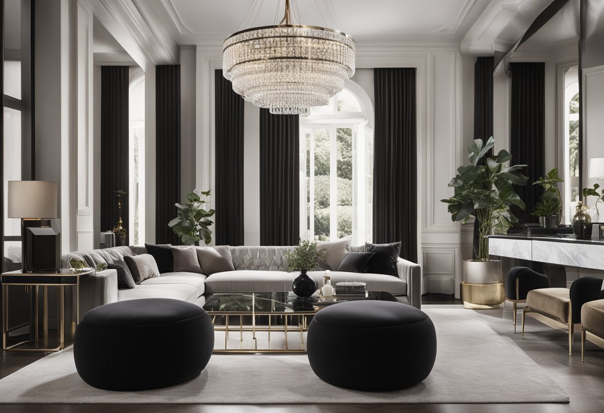 A sleek, monochromatic living room with metallic accents and plush velvet furniture. A crystal chandelier hangs above a marble coffee table, creating a luxurious and sophisticated atmosphere