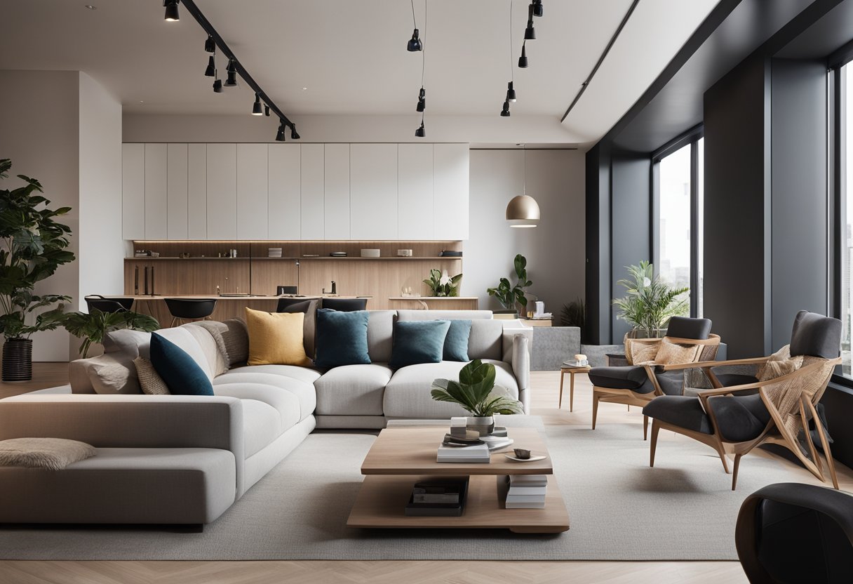A modern, minimalist interior with clean lines, natural materials, and pops of color. A diverse clientele, from young professionals to families, enjoys the stylish yet functional spaces