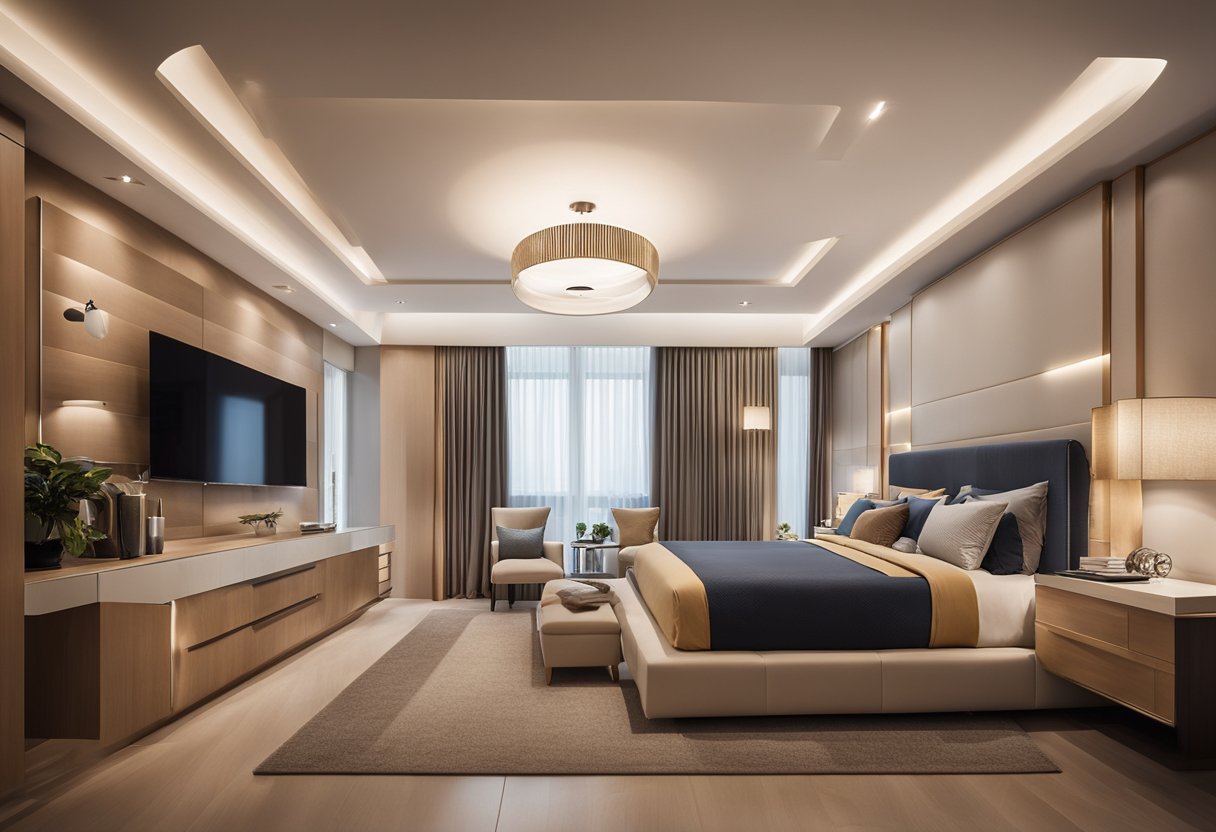 A bedroom with a modern false ceiling design, incorporating different materials and styles. Lighting and texture add depth to the space