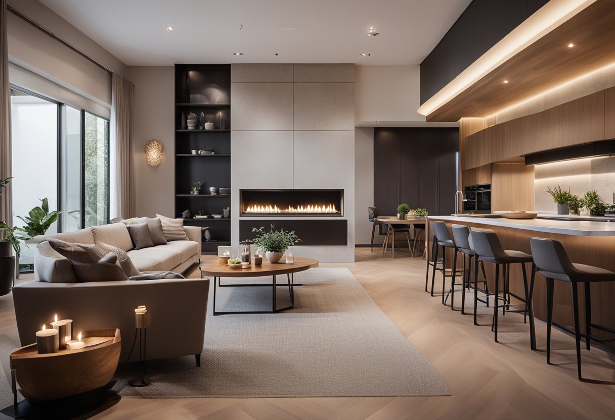 A cozy living room with a fireplace, comfortable seating, and warm lighting. A modern kitchen with sleek appliances and a spacious island. A stylish dining area with a large table and elegant decor