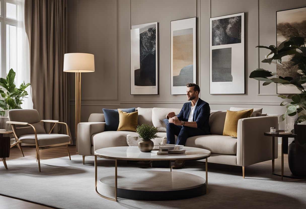 A luxurious, modern living room with elegant furniture and unique design elements. A designer is consulting with a client, surrounded by mood boards and fabric samples