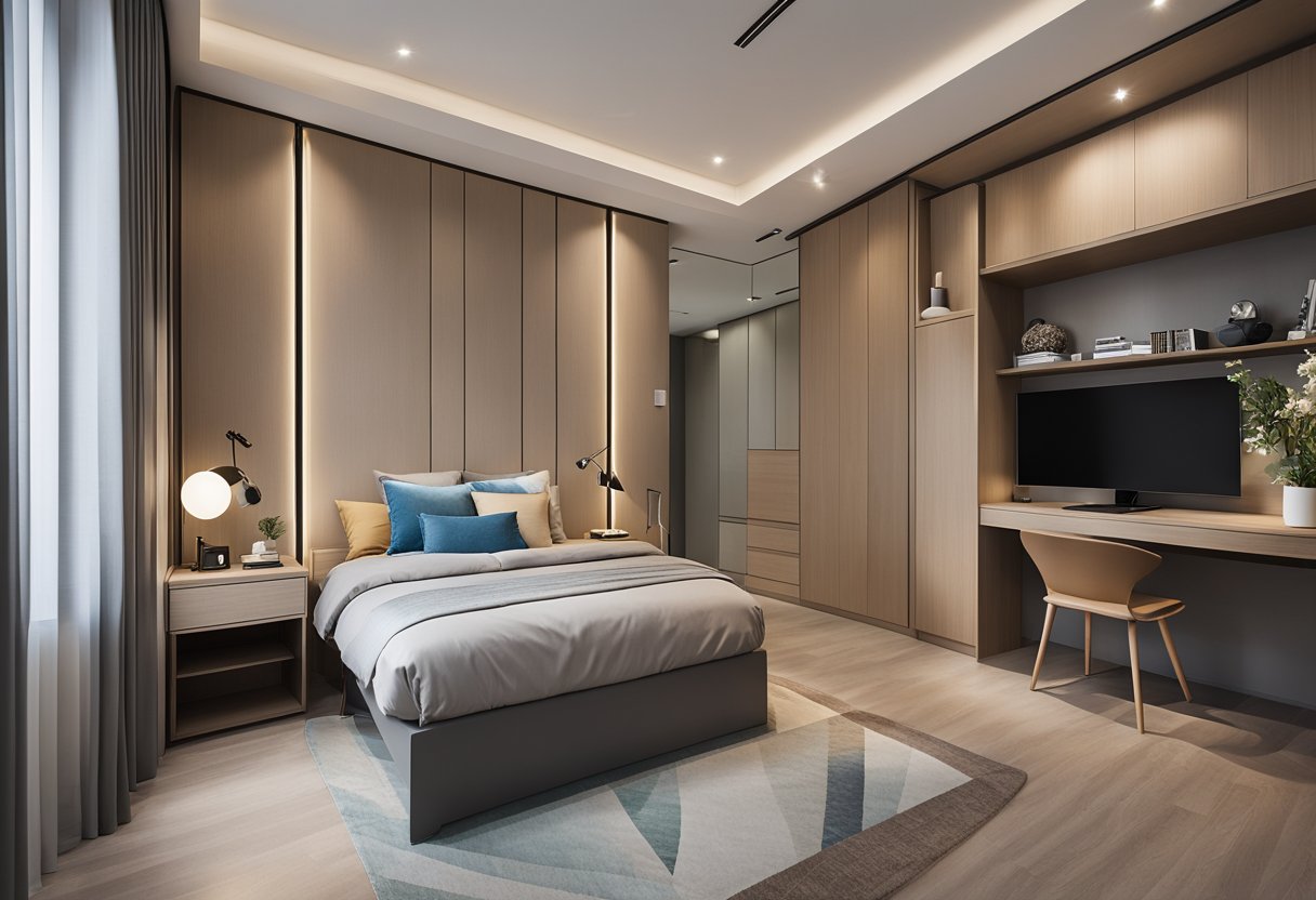 A modern HDB BTO bedroom with minimalistic design, featuring a queen-sized bed, built-in wardrobe, and a sleek study desk