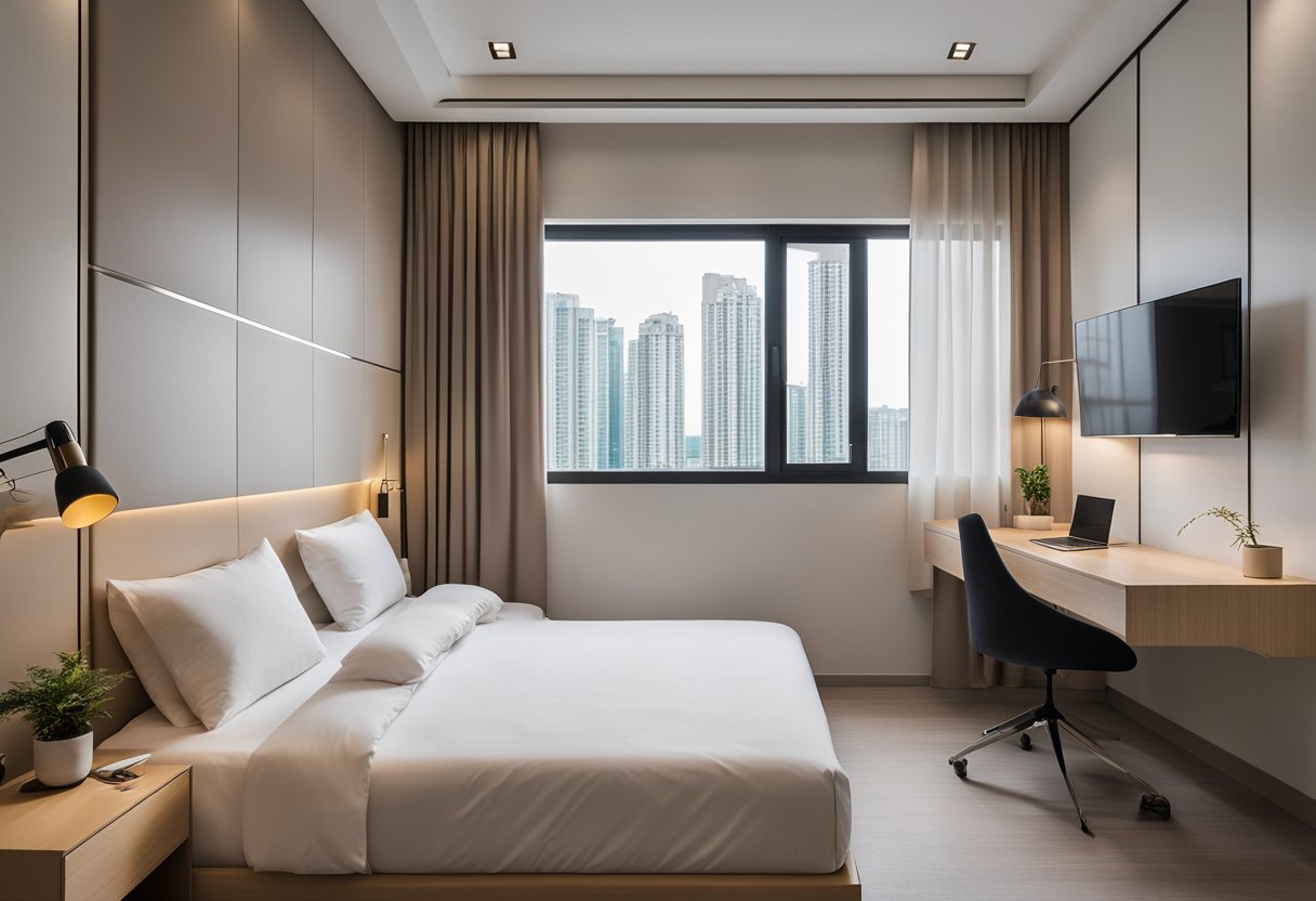A cozy HDB BTO bedroom with a modern minimalist design, featuring a queen-sized bed with a stylish headboard, a sleek study desk, and a large window with sheer curtains letting in natural light