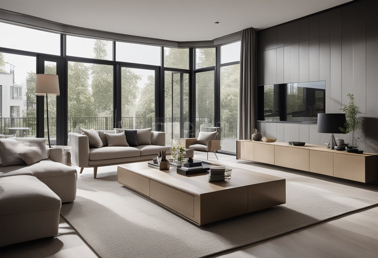A modern townhouse interior with clean lines, neutral colors, and minimalist furniture. A large window lets in natural light, highlighting the sleek design