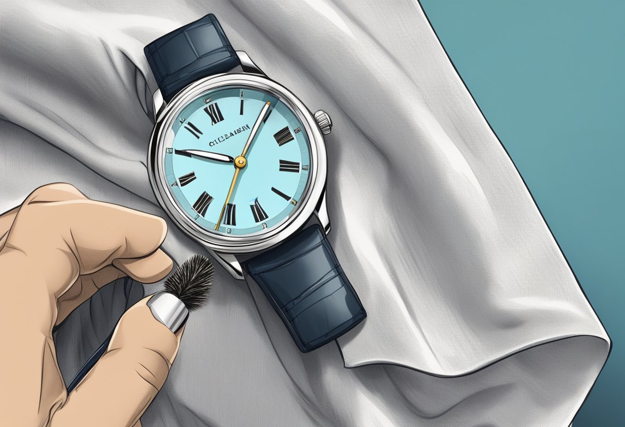 A close-up of a watch being gently wiped with a soft cloth, with a small bottle of watch cleaner and a brush nearby