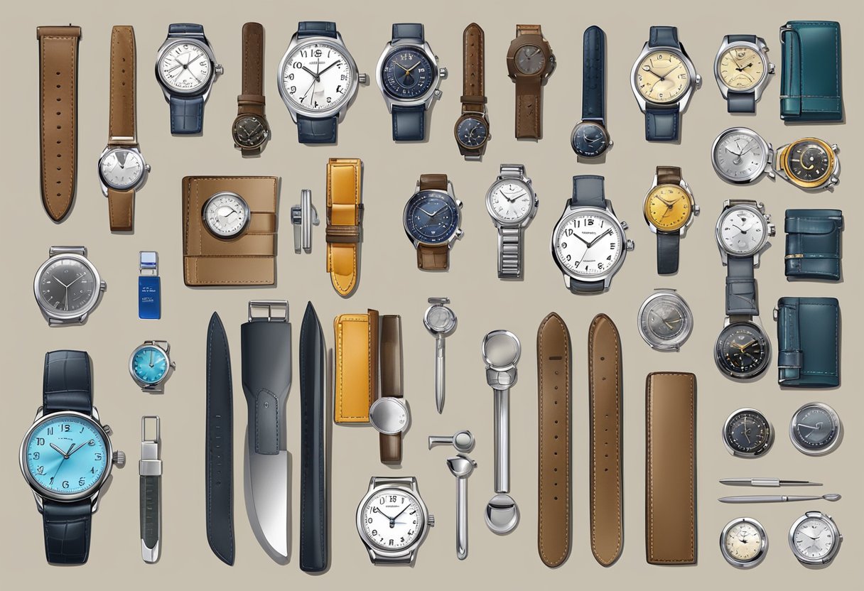 A collection of various watch types arranged on a clean, organized surface, with accompanying watch care essentials such as cleaning tools and a maintenance guide book