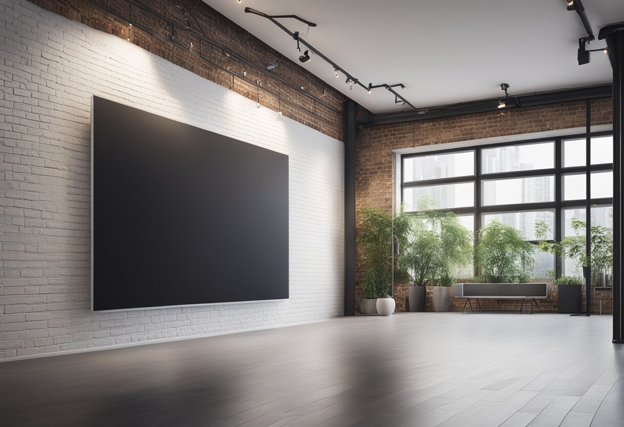 A blackboard hangs on a white brick wall in a modern, minimalist interior design setting