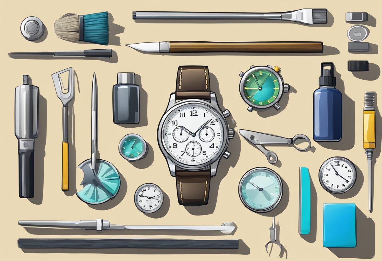 A watch being carefully cleaned and inspected by a professional with various tools and cleaning supplies laid out on a clean, organized work surface