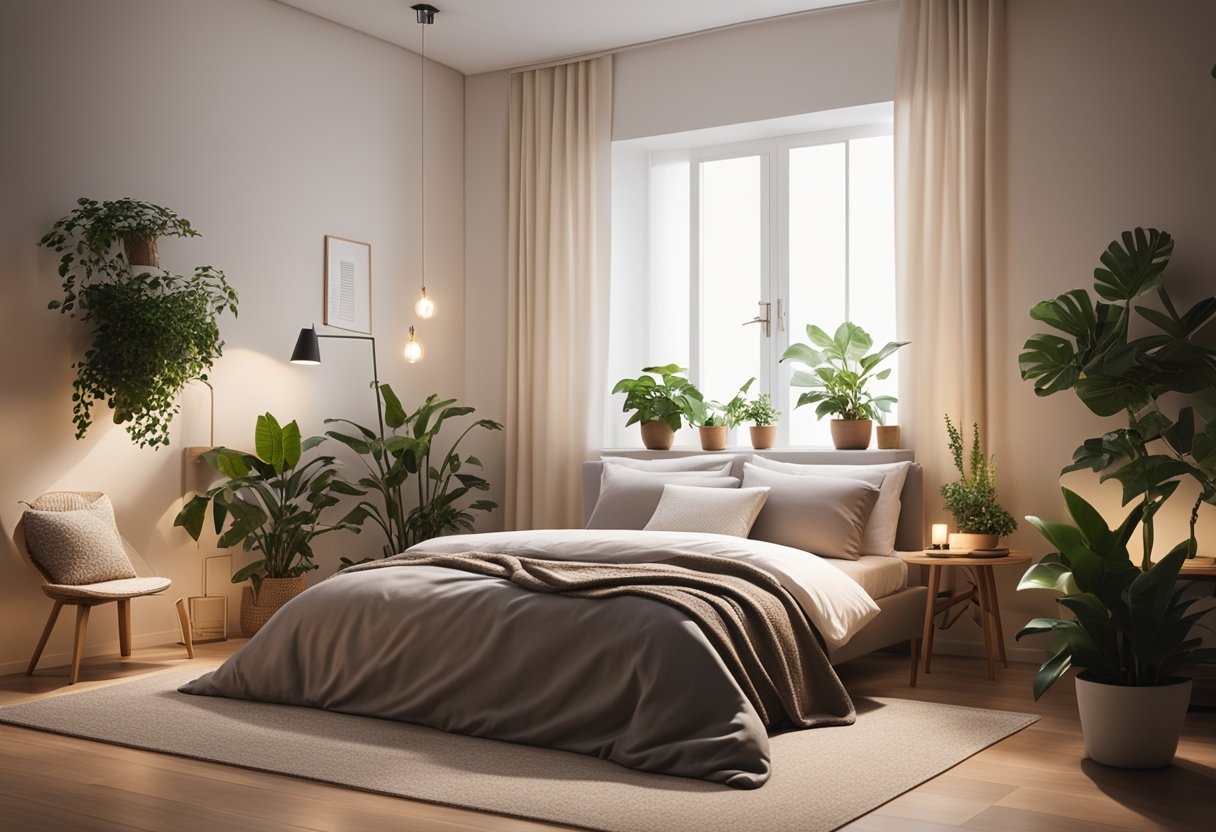 A cozy bedroom with warm lighting, a plush bed with throw pillows, a sleek study desk, and potted plants for a serene atmosphere