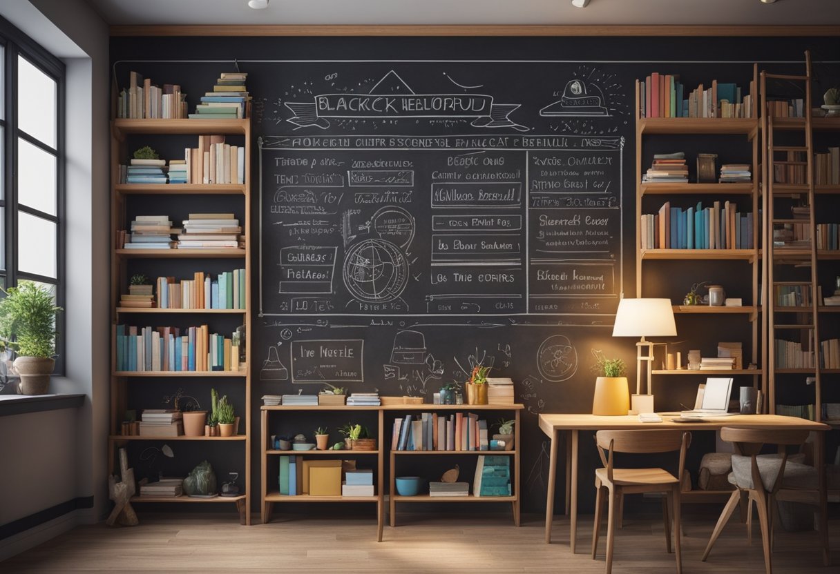 A blackboard wall adorned with colorful chalk drawings, surrounded by cozy furniture and shelves filled with books and art supplies