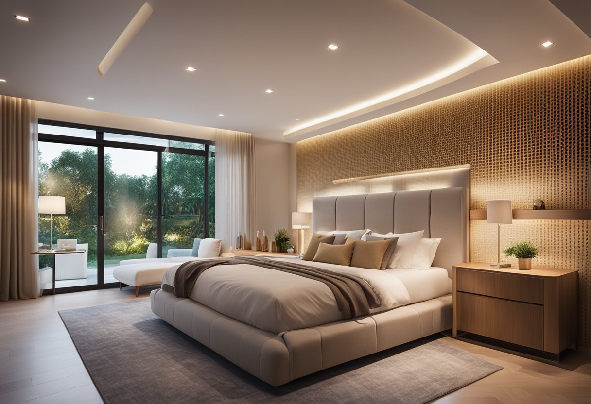 Soft, warm lighting illuminates a modern bedroom with a sleek false ceiling design. Acoustic panels seamlessly integrated for a serene, elegant atmosphere