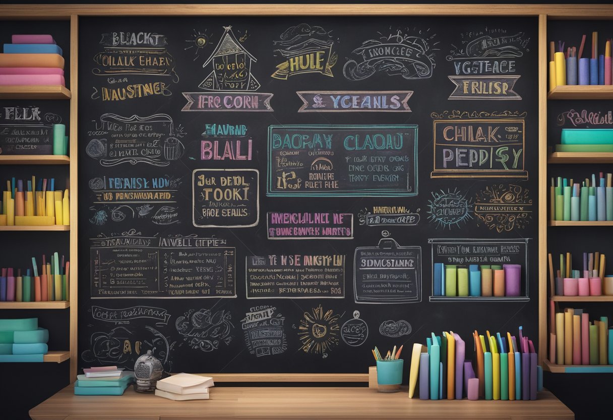 A blackboard adorned with colorful chalk drawings and inspirational quotes, surrounded by shelves of neatly organized chalk and erasers
