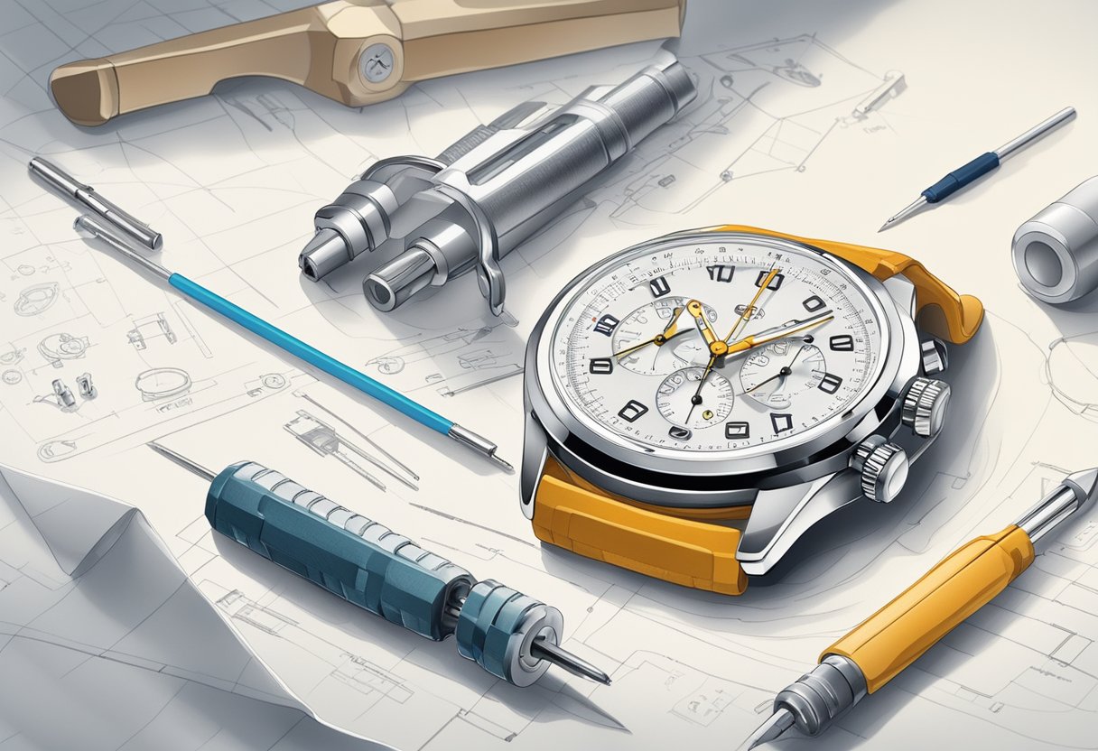 A watch lying on a clean, well-lit surface. A small screwdriver and cloth nearby. A diagram of watch parts and a list of troubleshooting tips