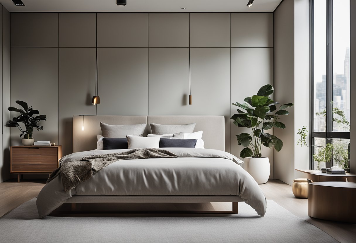 A modern bedroom with clean lines and minimalist furniture, featuring a neutral color palette and ample storage solutions