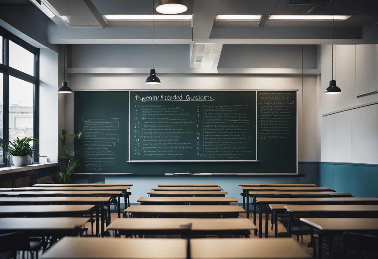 A classroom with a large blackboard displaying "Frequently Asked Questions" in modern interior design