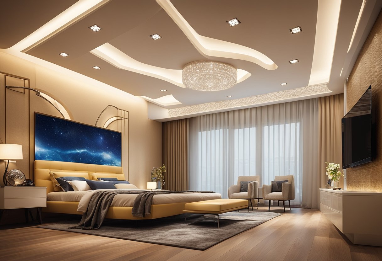 A bedroom with various false ceiling designs, including recessed lighting, intricate patterns, and modern shapes