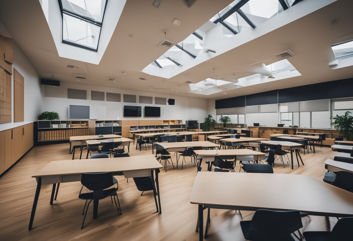 A spacious, modern classroom filled with natural light and stylish furniture. A mood board and design sketches adorn the walls, while students collaborate on projects