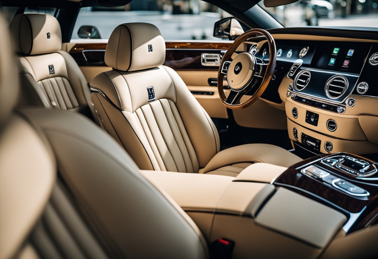 The Rolls Royce interior features luxurious leather seats, a sleek dashboard with polished wood trim, and ambient lighting creating an elegant and opulent atmosphere