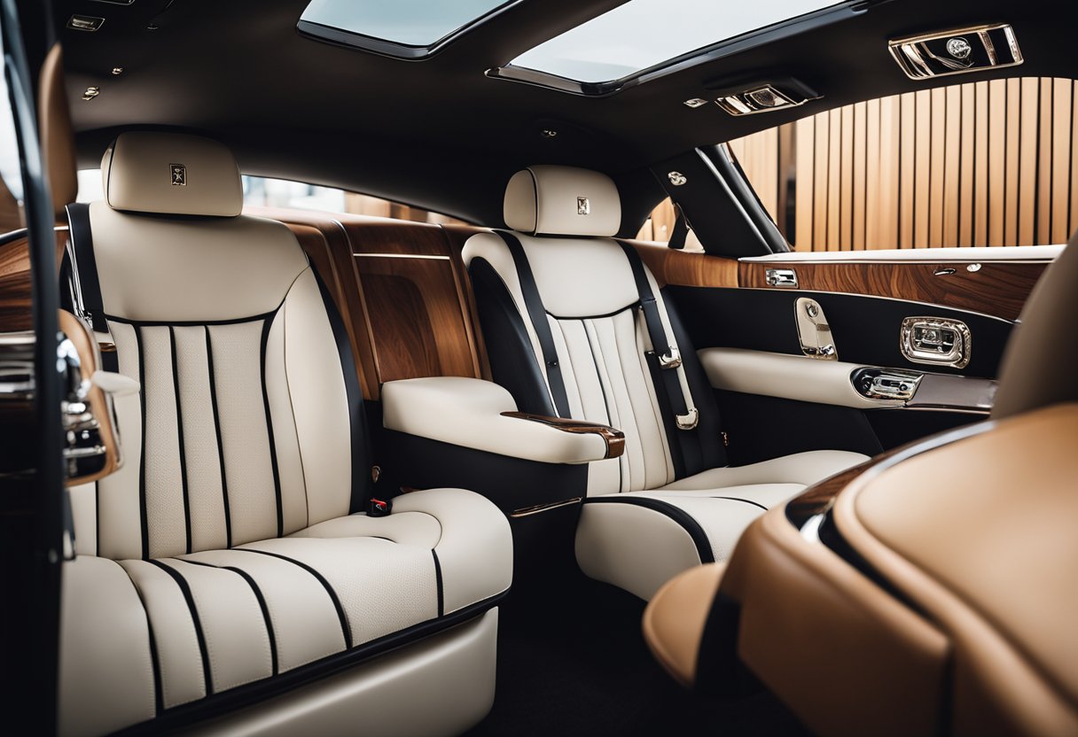 Luxurious leather, intricate wood paneling, and polished metal accents create the opulent interior of a Rolls Royce, showcasing bespoke craftsmanship and high-quality materials