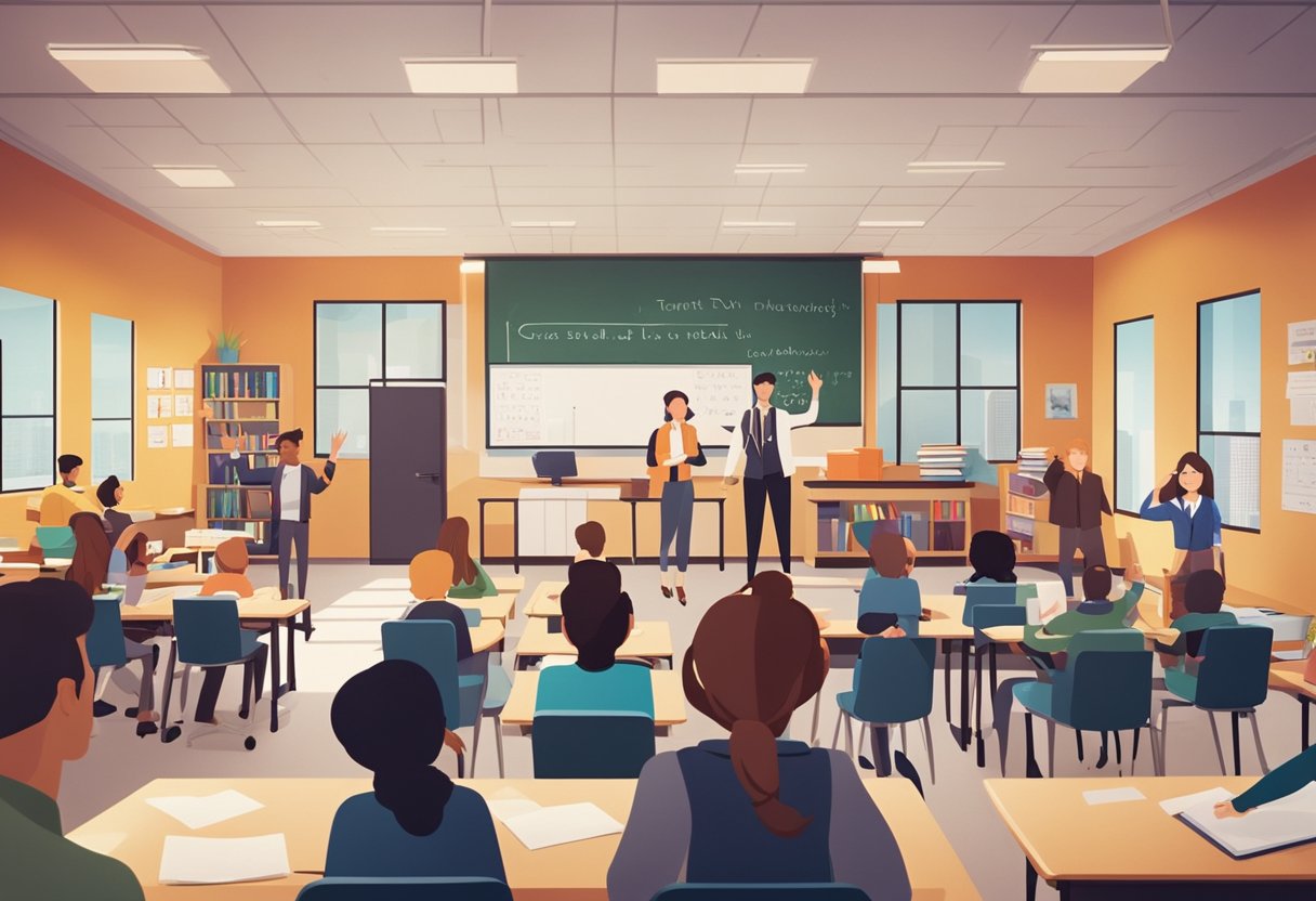 A bustling classroom at a top interior design school in New York, with students eagerly raising their hands to ask questions. The teacher stands at the front, surrounded by colorful design boards and sketches