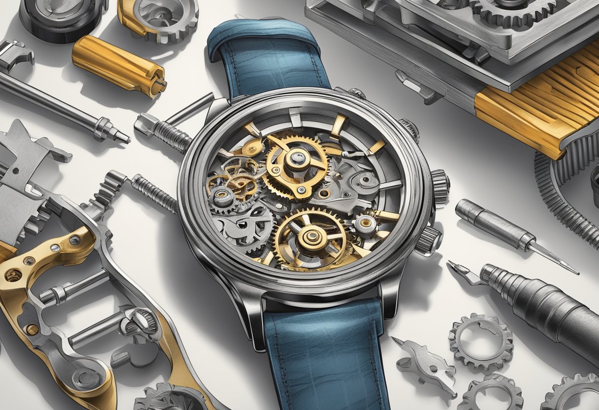 A watch opened up, gears and springs exposed, surrounded by tools and a maintenance manual