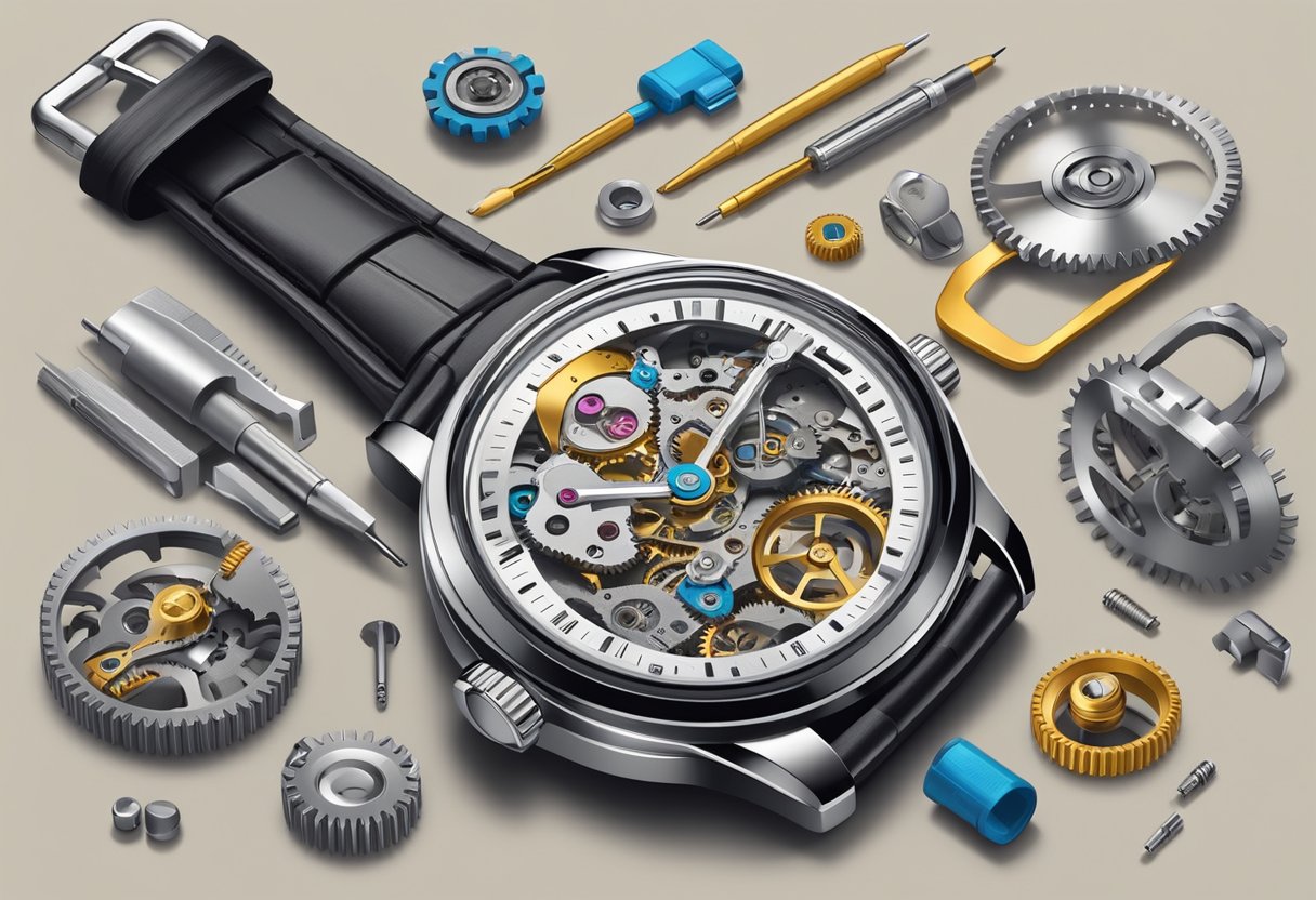 The watch is disassembled, revealing gears, springs, and a battery. Tools and a manual are nearby