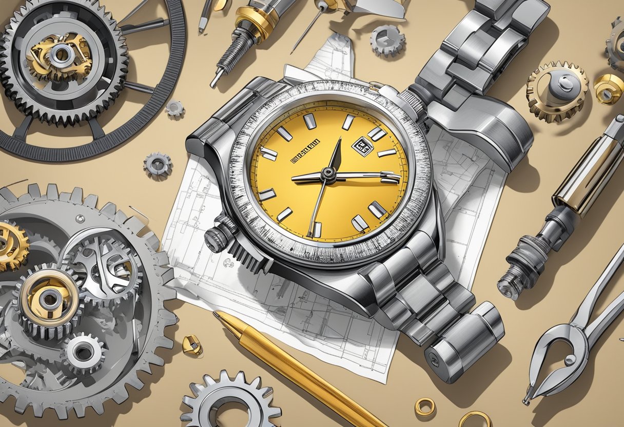 A watch opened up, gears and springs exposed, with tools and a manual nearby